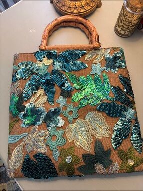 Embellished Floral Sequin Tote Bag with Bamboo Handle - Teal & Brown